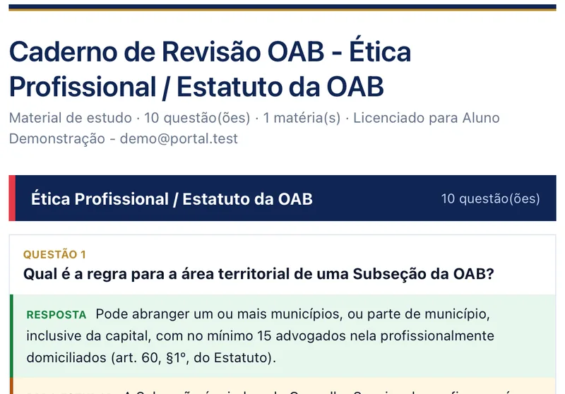 Caderno de revisão em PDF com o nome do aluno